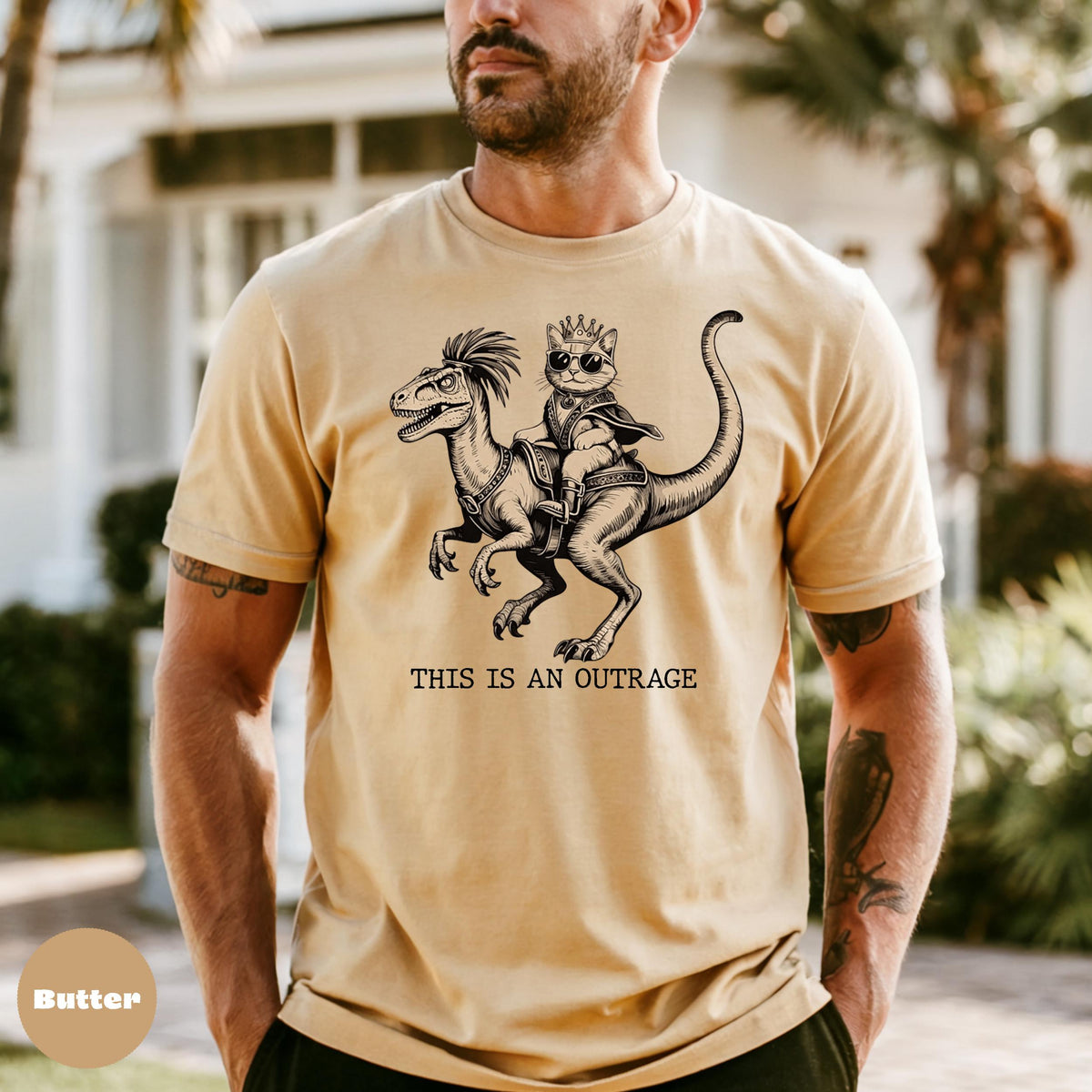 Comfort Colors Crowned Cat Riding Dinosaur Graphic Tee, Retro Humor