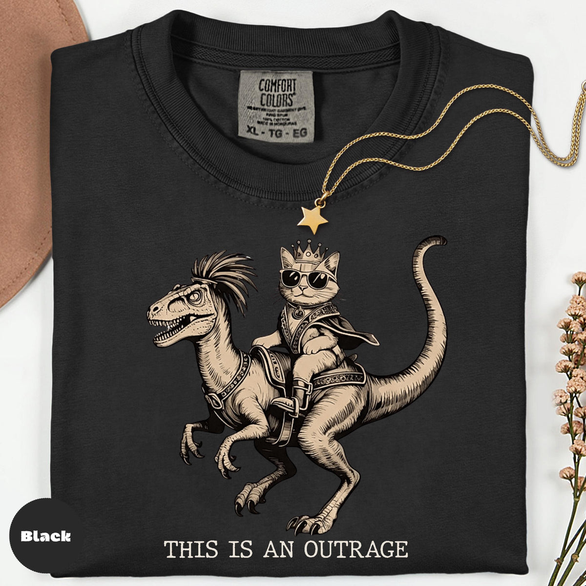 Comfort Colors Crowned Cat Riding Dinosaur Graphic Tee, Retro Humor