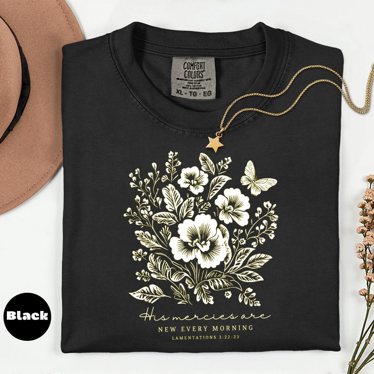 Comfort Colors Floral Christian T-Shirt, His Mercies Are New, Soft Washed Tee