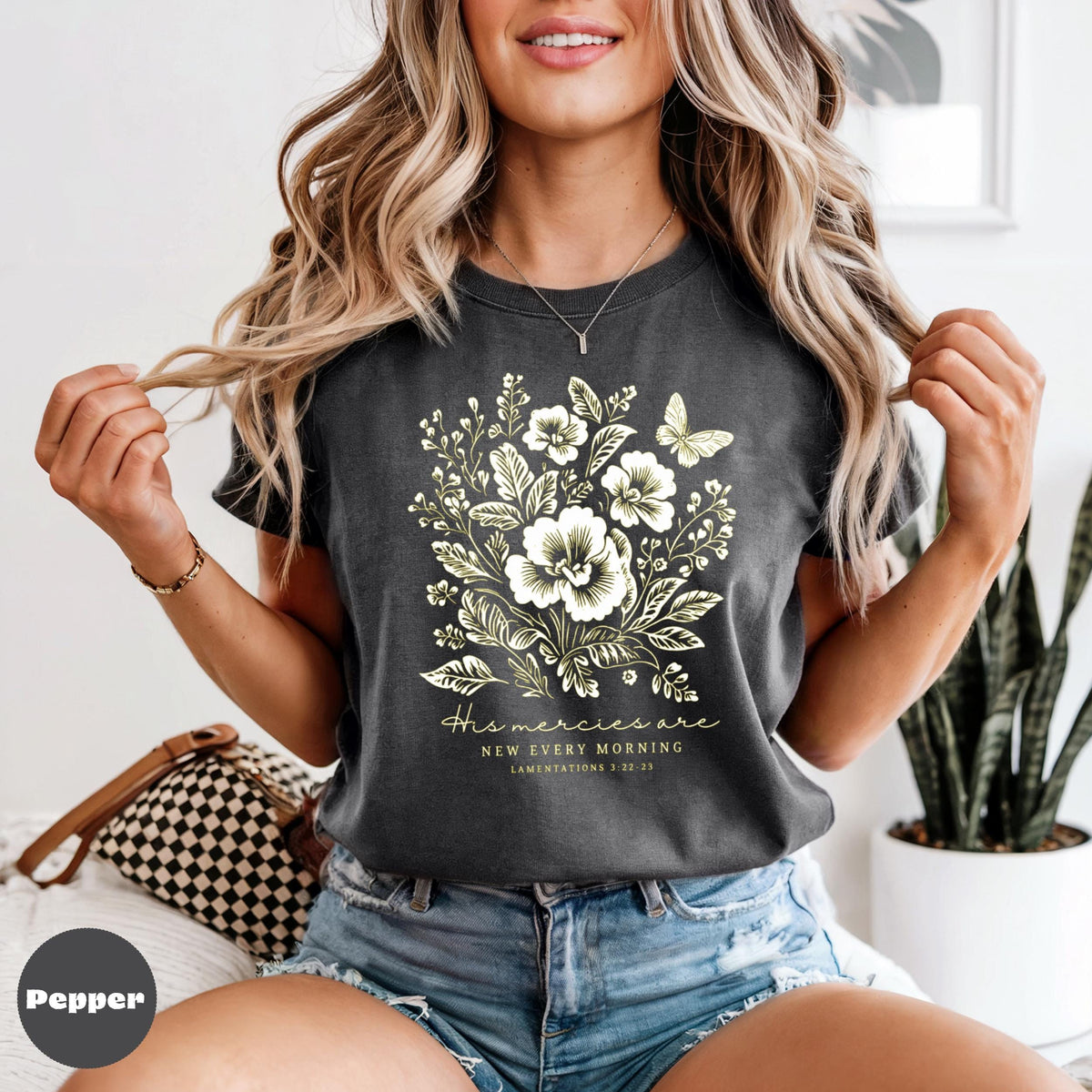 Comfort Colors Floral Christian T-Shirt, His Mercies Are New, Soft Washed Tee