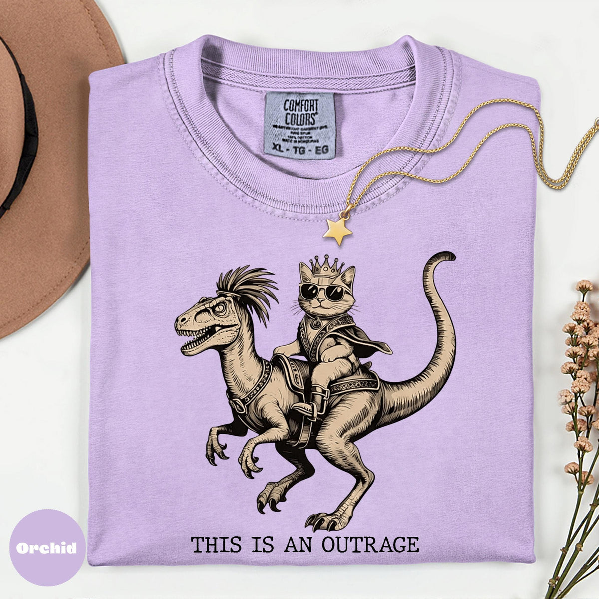 Comfort Colors Crowned Cat Riding Dinosaur Graphic Tee, Retro Humor