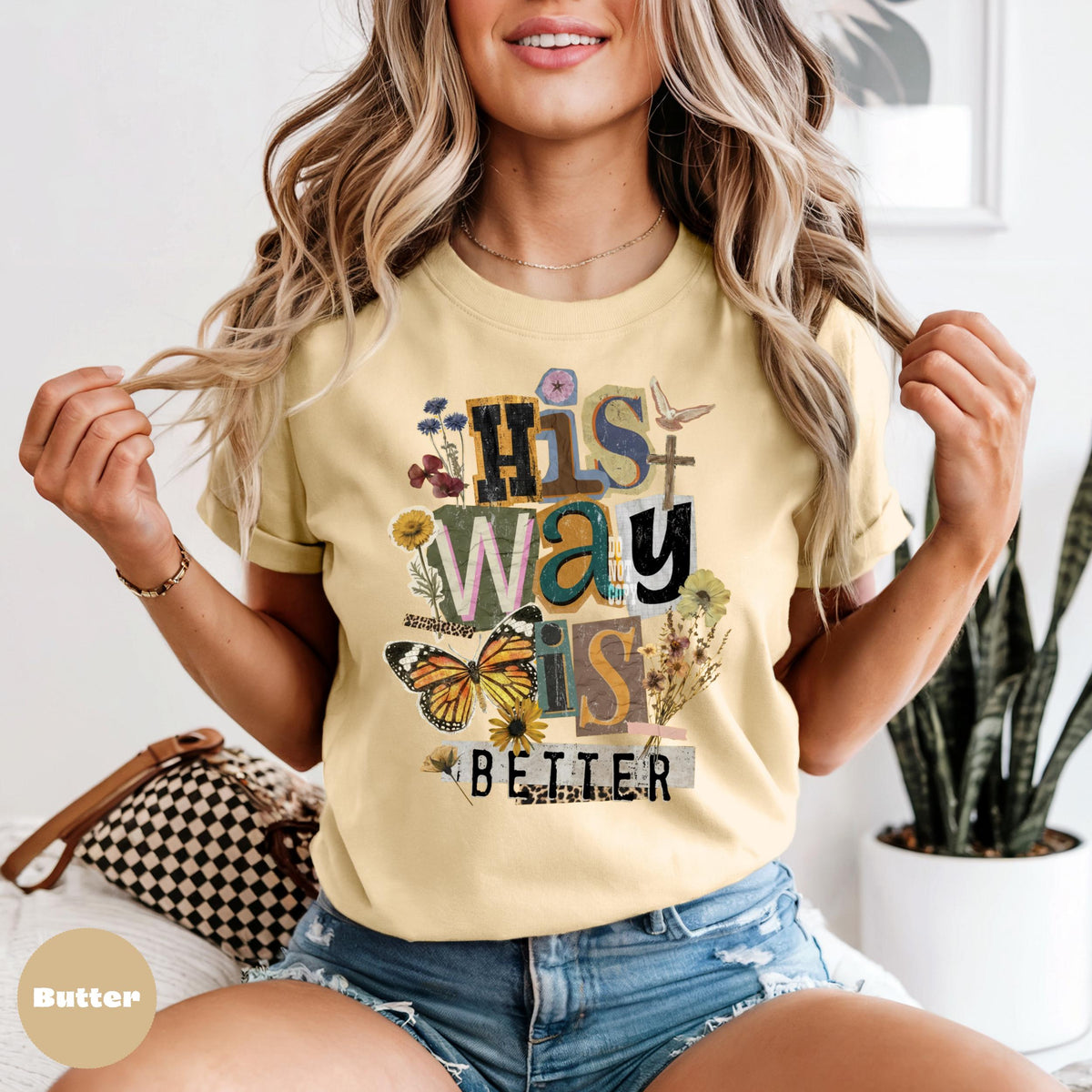 Comfort Colors Christian T-Shirt, His Way Is Better, Floral Butterfly Graphic