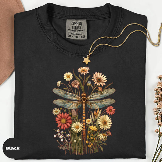 Comfort Colors Dragonfly Floral Tee, Boho Vintage Soft Washed T-Shirt